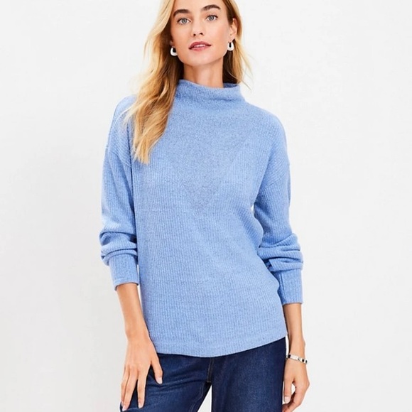 Loft Ribbed Mock neck cozy ribbed long sleeve ladies sweater top blue Sz Small - Picture 1 of 5